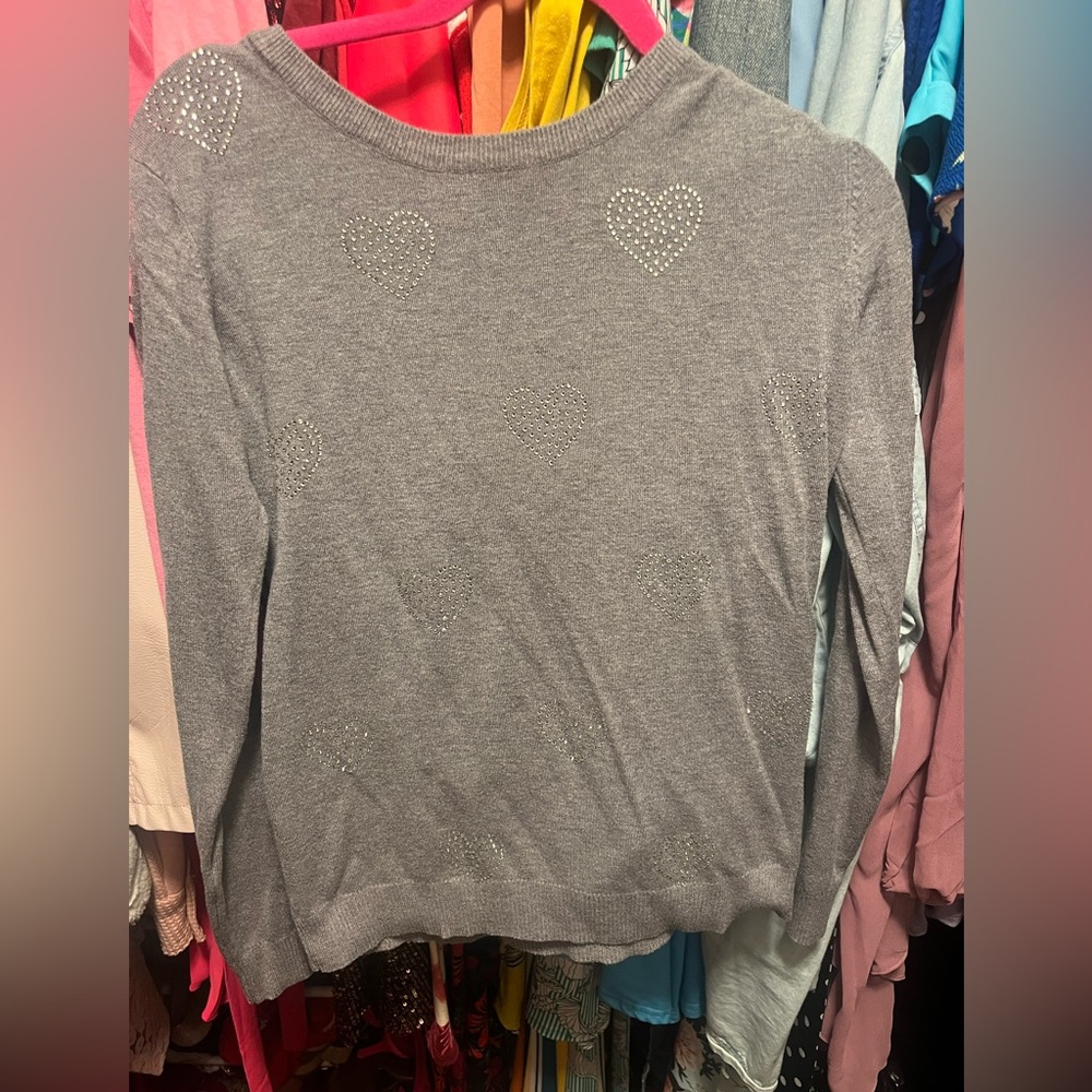 Vila Milamo grey sweater with rhinestone hearts
